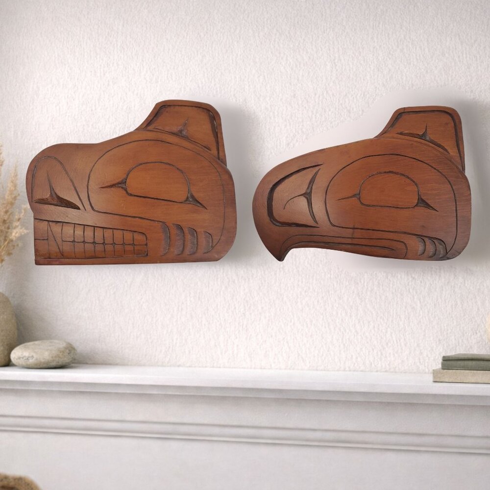 Northwest Coast Hand-Carved Wood Bookends With Indigenous Art Design 3.5" X 6.5"